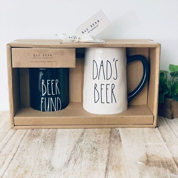NWT Rae Dunn Dad’s beer coffee Stein mug & Beer Fund Cork Ceramic Coin Bank Set - Picture 1 of 12